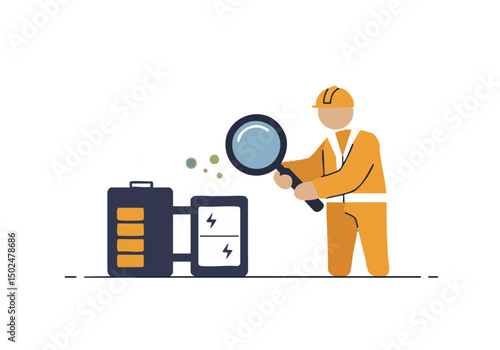 A construction worker inspects a battery with a magnifying glass, symbolizing assurance and quality control. Modern, flat design illustration.