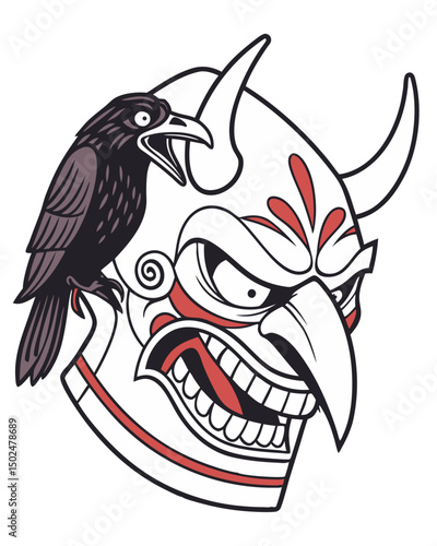 terrifying tengu mask with broken nose and sharp fangs, spiritual aura and traditional motifs, vector on white
