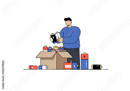 A man carefully packs batteries into a cardboard box. Clean, minimalist illustration style. Focus on detail and organization.
