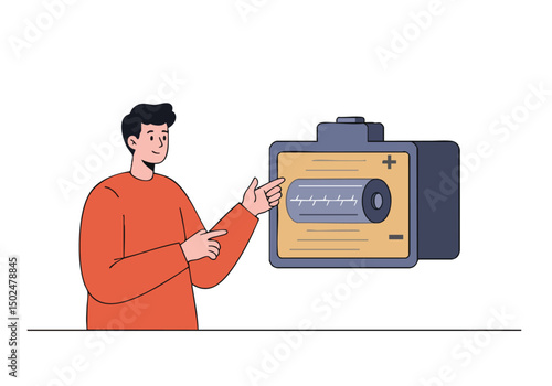 A young man points to a battery illustration, showcasing its internal components. Modern, flat design with a light background. Educational and informative.