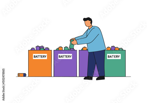 A man sorts batteries into labeled bins ? battery, ip, battery ? in a clean, modern setting. Bright, graphic style.