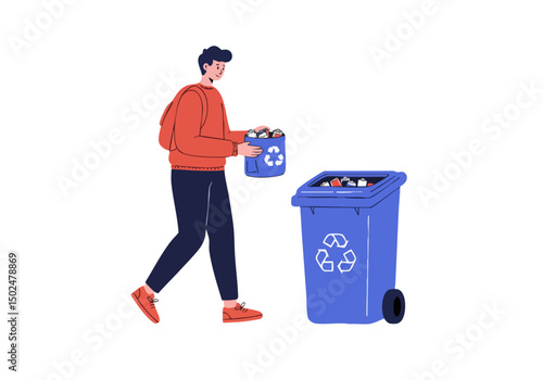 A young man sorts recyclable materials into blue bins. A clean, modern illustration promotes community recycling. Bright colors and a simple design.