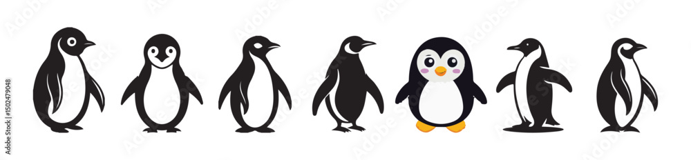 Set of penguin silhouettes in various poses. silhouette penguin different pose walking and skating, vector illustration isolated on white background. Set of penguin silhouettes in various poses. silhouette penguin different pose walking and skating, vector illustration isolated on white background.