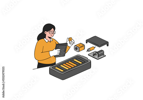 A female professional inspects electronic components with a tablet, showcasing a detailed quality control process. Modern, clean illustration.