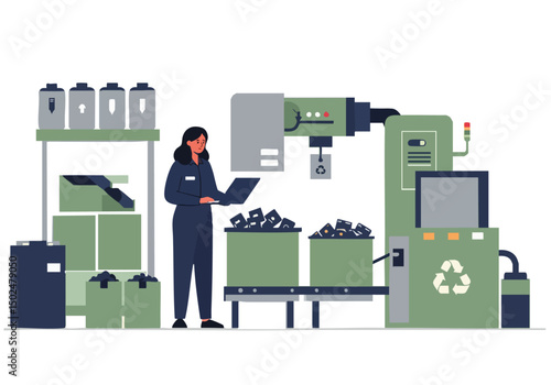 A female professional monitors recycling logistics with a laptop, overseeing a modern processing facility. Clean, bright, and efficient.