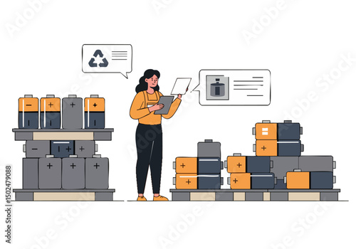 A professional woman manages inventory with a tablet, overseeing stacked boxes in a warehouse. Modern illustration, clean design, focused on efficiency.