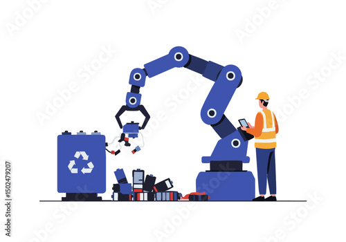 A robotic arm sorts recyclable materials with a worker overseeing the process. Modern, clean design showcasing robotic recycling technology.