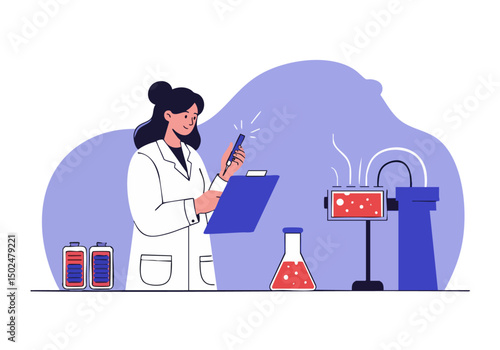 A female scientist analyzes residue in a lab setting using a tablet. Modern, clean illustration with a focus on scientific research and technology. Bright, professional aesthetic.