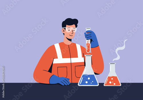 A male scientist meticulously tests a chemical solution in a lab setting. Bright colors and a modern style create a visually appealing composition.