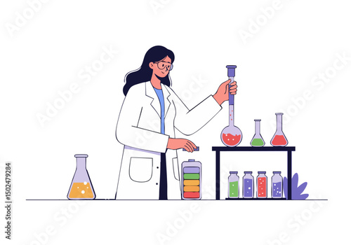 A female scientist in a lab coat performs experiments with beakers and liquids. A clean, modern laboratory setting emphasizes safety processing. Bright colors and detailed illustration.
