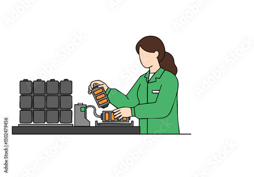 A female technician assembles a battery pack on a workbench. Clean, modern illustration style. Focus on detail and precision. Suitable for tech, energy, and manufacturing themes.