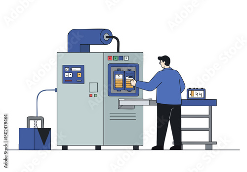 A technician troubleshoots a complex industrial machine. Detailed illustration showcases a modern workshop setting with a focused worker. Clean lines and a professional aesthetic.