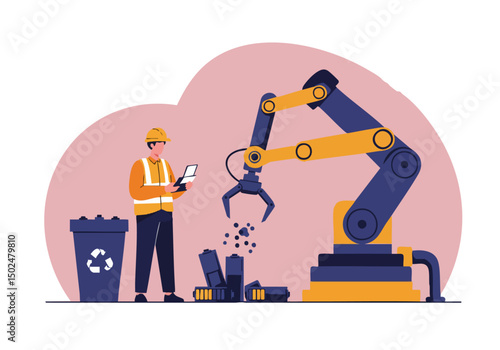 A worker monitors a robotic arm sorting recyclable materials. Modern, clean design with a focus on sustainable technology. Bright, professional illustration.