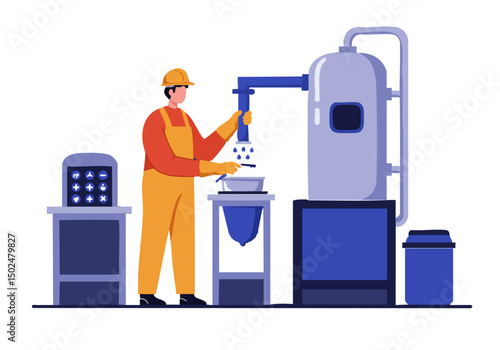 A worker operates a lithium refining machine in a modern industrial setting. The image showcases a clear process and professional equipment. Suitable for business and technology themes.