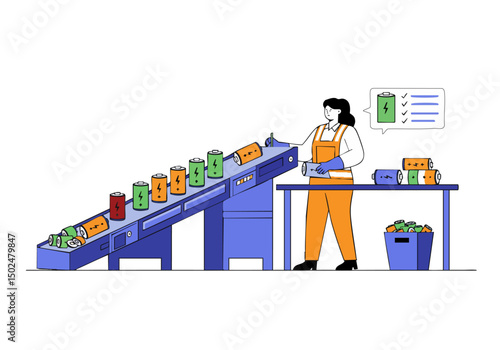 A female worker sorts lithium batteries on a conveyor belt in a factory setting. The image highlights quality control and industrial processes with a modern, clean aesthetic.