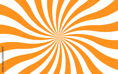 Abstract bold dynamic background with radial burst pattern. Thick, wavy orange rays spiraling vortex or starburst effect. Wavy shapes  fluid sense of motion and distortion, with retro and psychedelic 