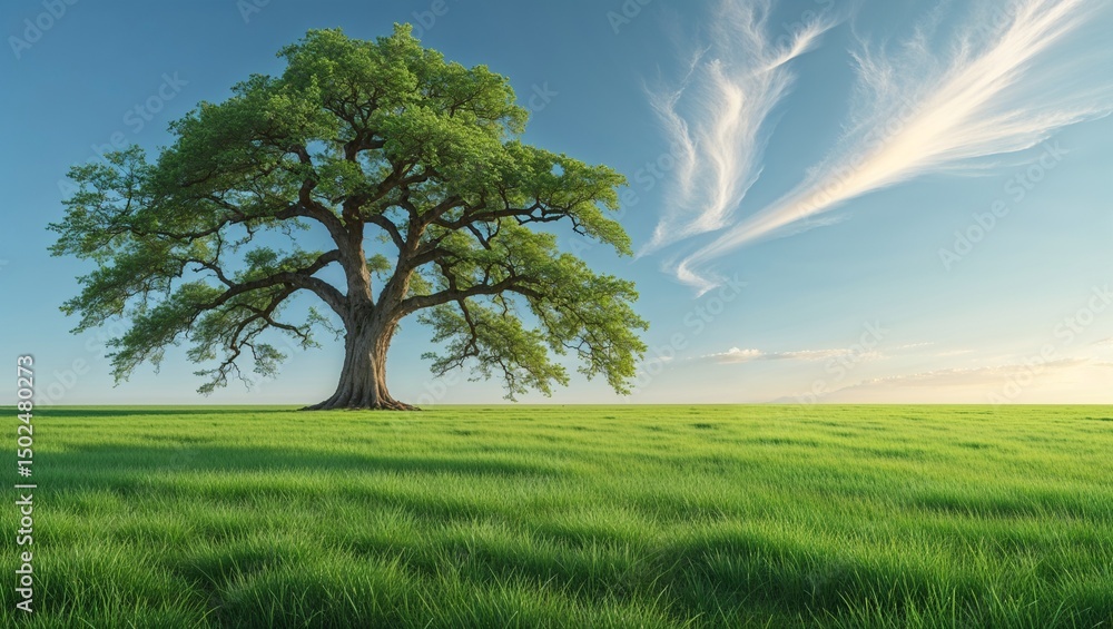 Obraz premium A solitary tree stands majestically in a field of green grass under a blue sky with wispy clouds