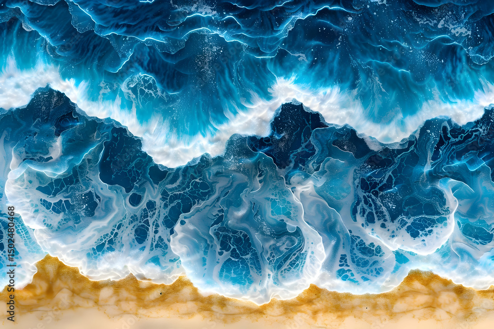 Naklejka premium top-down view of the ocean, deep blue waves, crashing golden sand