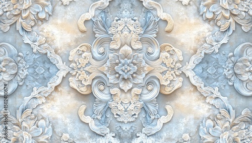Intricate white and blue floral relief pattern on a marbled background