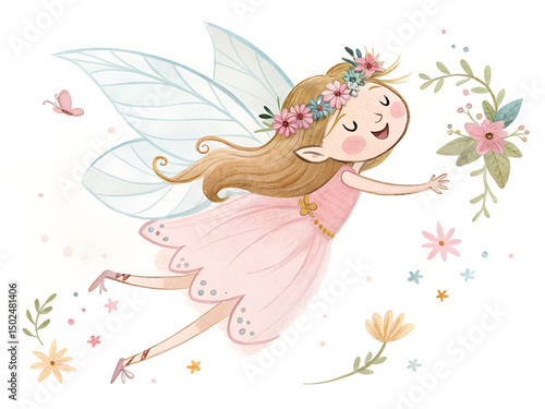 Cute Fairy Girl in watercolor on white background generative AI