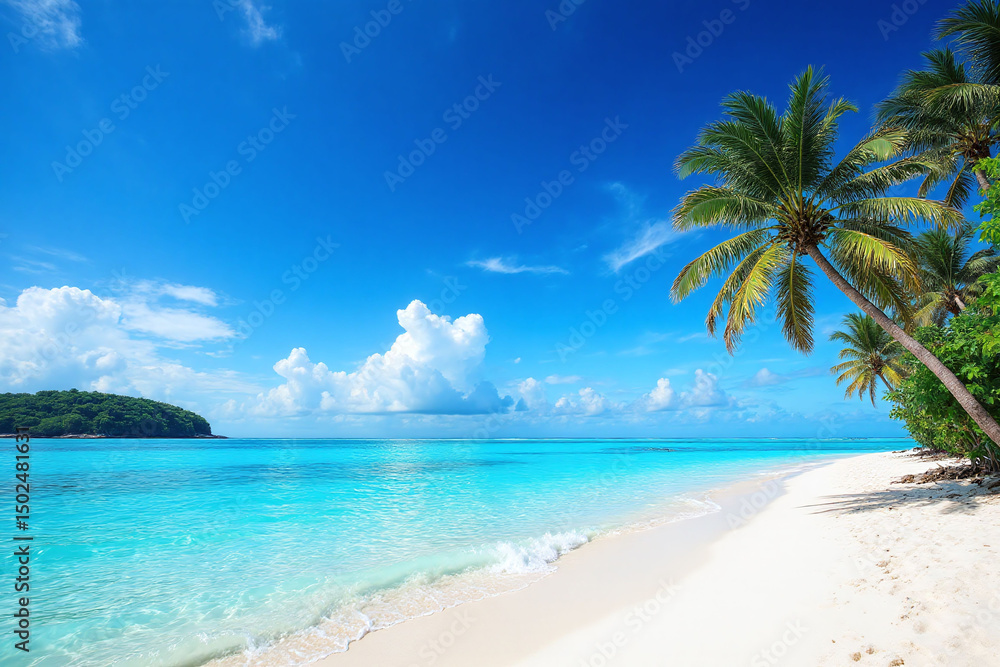 palm trees line the beach in front of a blue ocean palm trees line the beach in front of a blue ocean