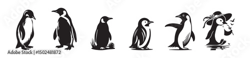 Set of penguin silhouettes in various poses.  silhouette penguin different pose walking and skating,  vector illustration isolated on white background.