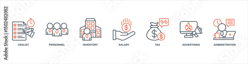 Cost Reduction banner web icon sheet vector illustration concept with icon of ceklist, personnel, inventory, salary, tax, advertising, administration