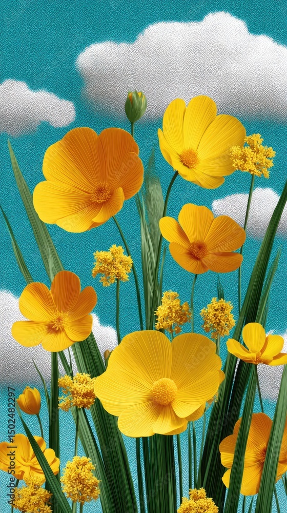 Obraz premium Vibrant Yellow Flowers Against a Cloudy Blue Sky: Nature's Stunning Contrast in Stock Photography