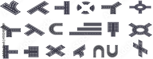 Isometric road and highway vector elements for city map creation. Set of solid objects for highway journey map, path asphalt lines traffic circle car direction. Street an road with crossroad, footpath