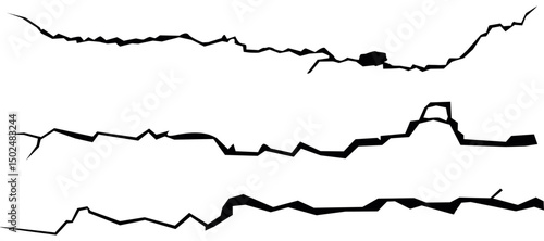 Surface crack and fissure in ground, concrete, crevices from disaster top view. Breaks on land surface from earthquake isolated on white background. Broken ground, wall, glass pattern effect. Damage