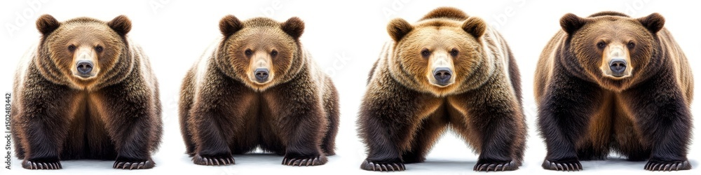 Four brown bears stand facing forward, with a white background Four brown bears stand facing forward, with a white background