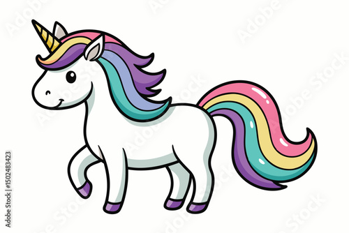 Adorable Cartoon Unicorn with Rainbow Mane and Tail