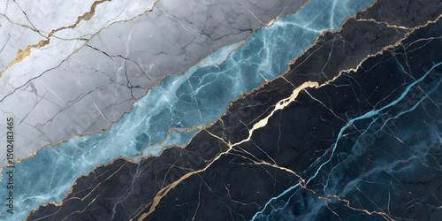 Flowing blue-teal marble streams through gray and black stone. Gold veining adds luxury while white marble creates elegant transitions between colors