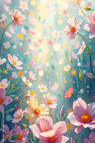 Magical Spring Meadow with Blooming Flowers and Sunlight Rays