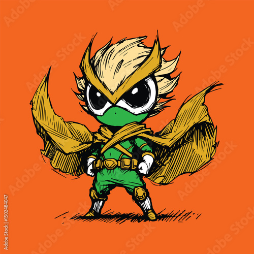 Cute chibi superhero with spiky blonde hair, green costume, and golden cape, ready to save the day in comic style.
