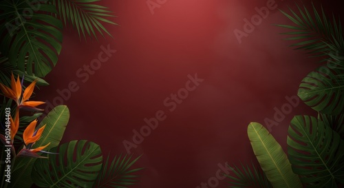 Tropical Leaves with Bird of Paradise Flower on Red Background