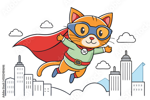 Cute Orange Superhero Cat Flying Over Cityscape