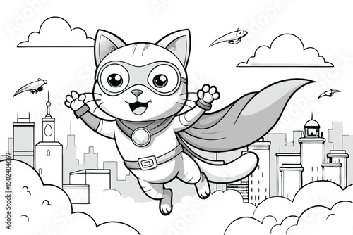 Superhero Cat Flying Over Cityscape Cartoon Illustration
