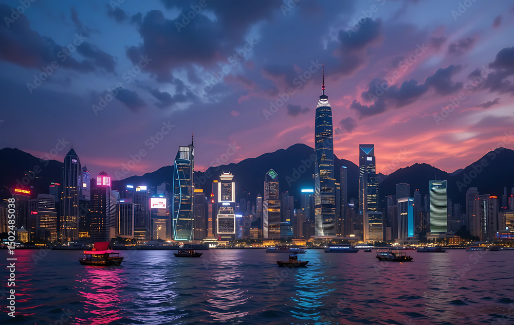 Fototapeta premium A vibrant twilight cityscape with skyscrapers reflecting off the harbor. Junk boats sail past, and the iconic skyline lights up against the Victoria Peak backdrop.
