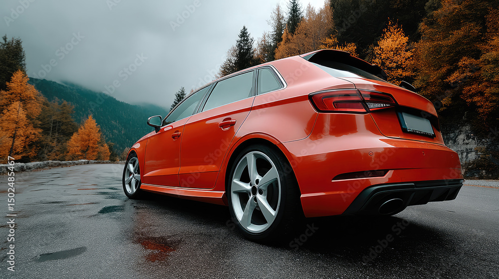 Naklejka premium Sleek Red Car on Scenic Autumn Mountain Road with Dramatic Fall Foliage