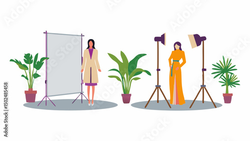 Fashion photoshoot with two models posing confidently under studio lights and soft green plants