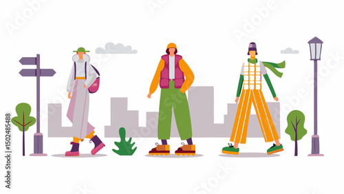 Autumn strolls through the city with friends in stylish modern attire and urban exploration with