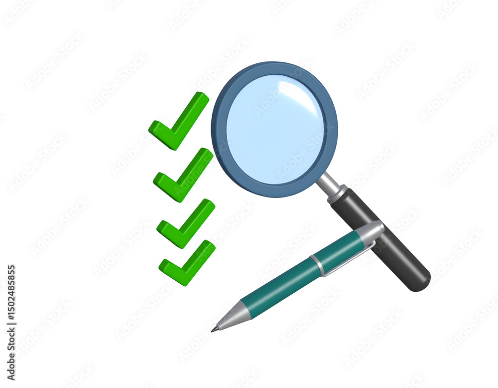 Magnifying glass and pen with green checkmarks, signifying verification or quality control Magnifying glass and pen with green checkmarks, signifying verification or quality control