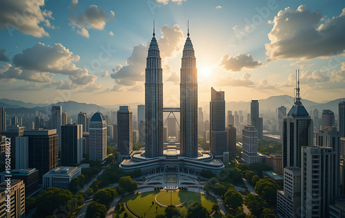 A futuristic cityscape with the twin Petronas Towers reflecting sunlight, surrounded by modern high-rises, green parks, and distant hills under a tropical sky.