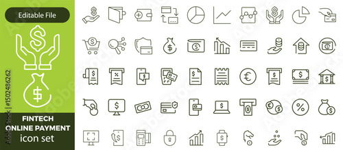 Financial Technology icon set with crypto vault, payment shield, data insights, digital coins, mobile payments, online banking, fintech revolution icon. Simple retro vector