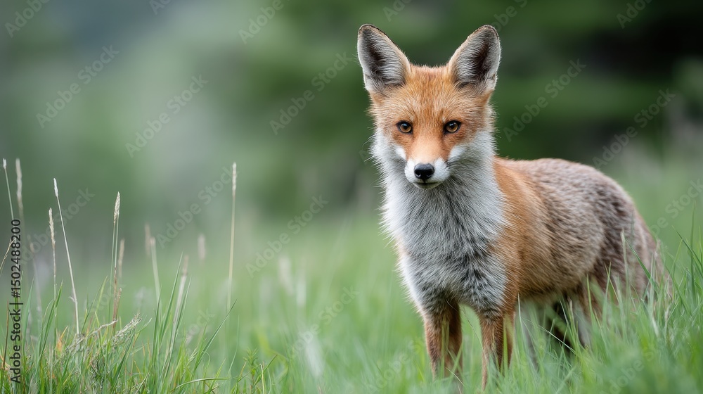 Obraz premium Detailed Portrait of Young Fox in Meadow Setting