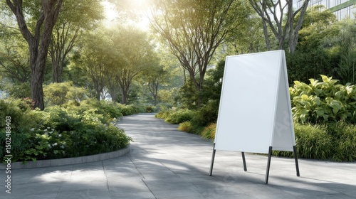 Blank advertising board in a lush park setting