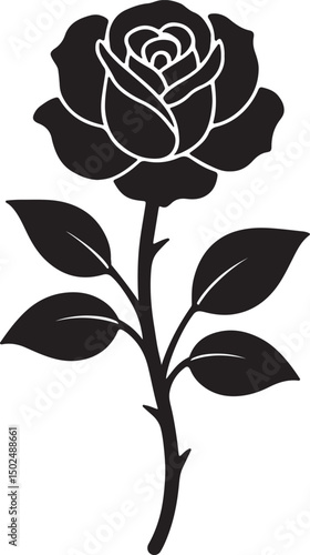 Rose Flower with Leaves Silhouette Tattoo Icon Vector Art Illustration.