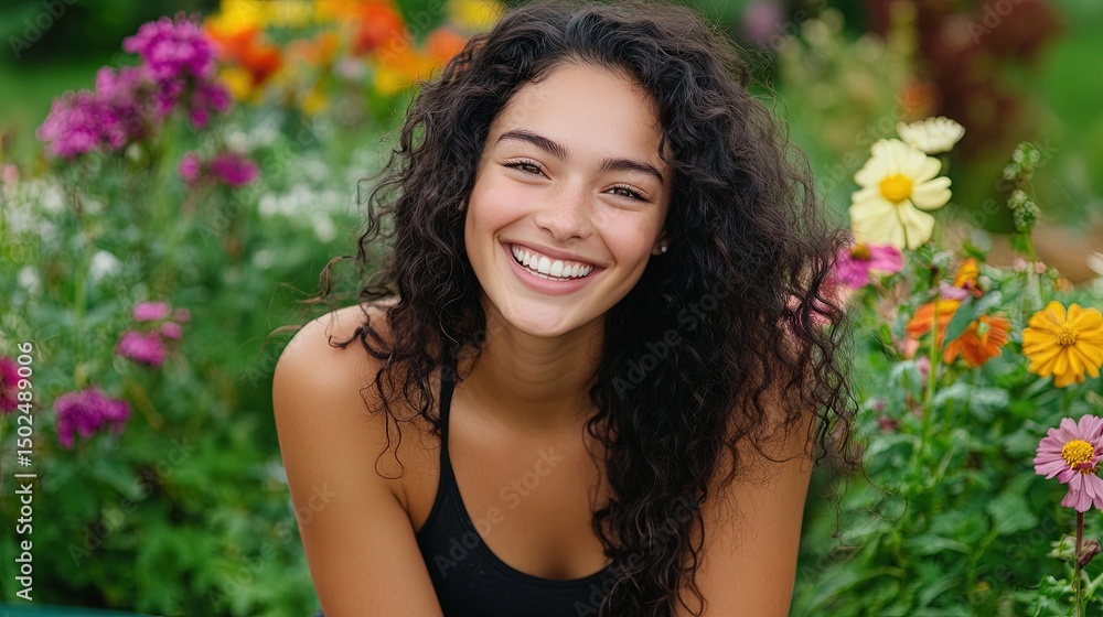 Cheerful woman with curly dark hair and a radiant smile, sitting on a bench in the garden, surrounded by colorful flowers. Cheerful woman with curly dark hair and a radiant smile, sitting on a bench in the garden, surrounded by colorful flowers.
