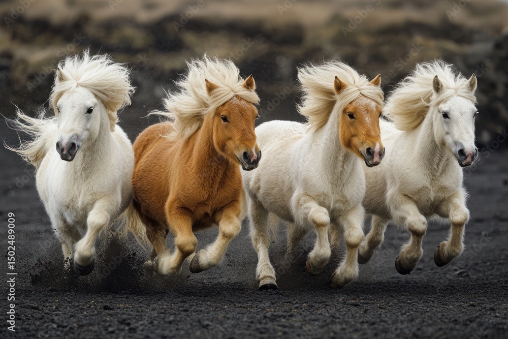 Obraz premium Four Icelandic horses galloping across a dark volcanic landscape